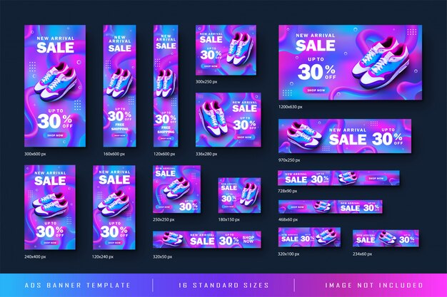 Venda de sapato de banner da Web de anúncio com fundo gradiente abstrato e todo o modelo de tamanho padrão