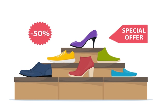 Vetor venda de sapatos na loja caixas de sapatos com calçados tênis modernos elegantes sapatos de salto alto feminino