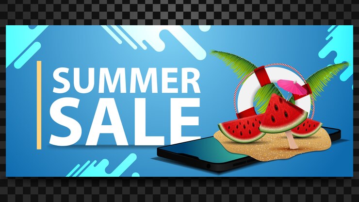 Vetor venda de verão, banner de desconto horizontal com design moderno e smartphone