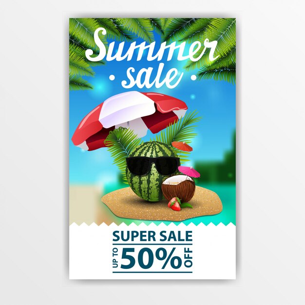 Venda de verão, banner web vertical para o seu negócio com melancia