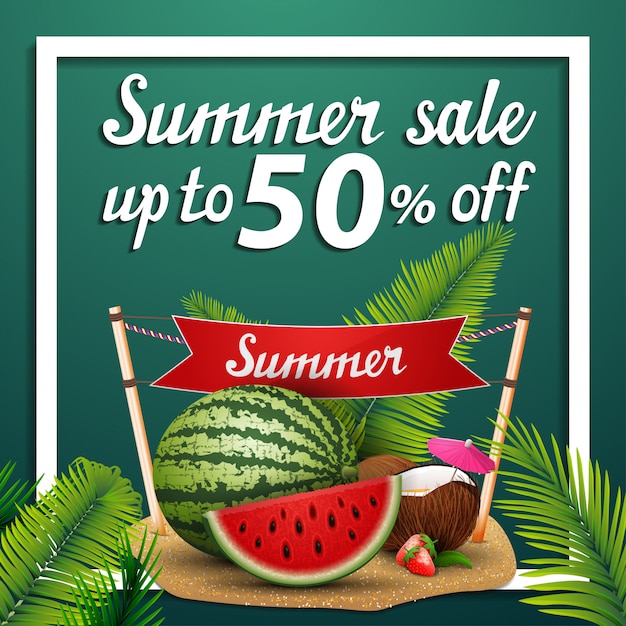 Venda de verão, desconto web banner quadrado com melancia