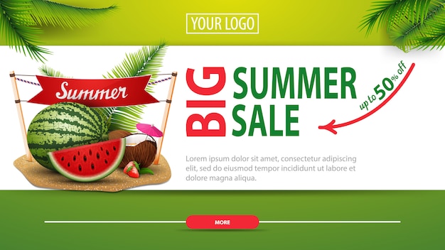 Venda de verão grande, desconto banner web horizontal com design moderno e elegante