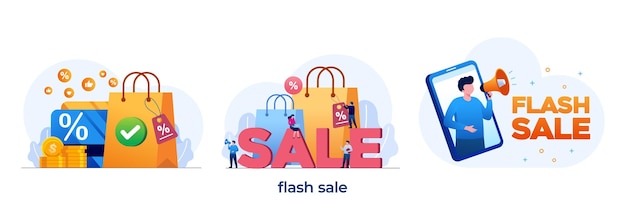 Venda em flash conceito de varejo publicidade com desconto venda banner publicidade compras on-line modelo de design de vetor plano