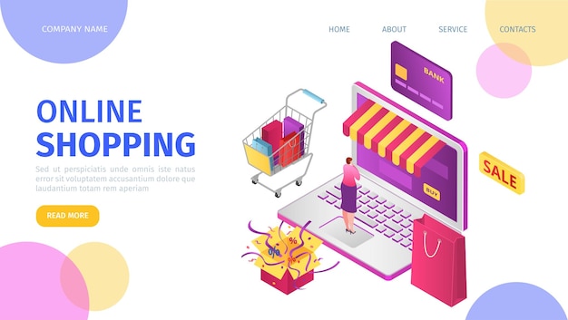 Venda na Internet na web na loja laptop ilustração em vetor conceito de loja online Pessoas isométricas compram na tecnologia de comércio