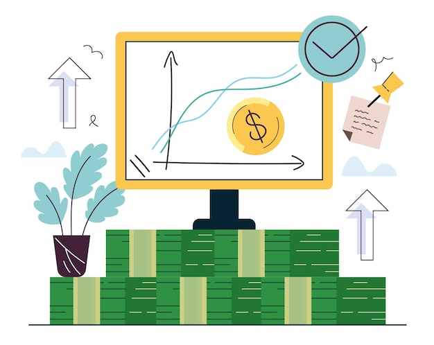 Vetor vendas finanças dinheiro análise de estatísticas de negócios crescimento de renda passiva isolado design gráfico