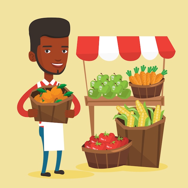 Vendedor ambulante com frutas e legumes.