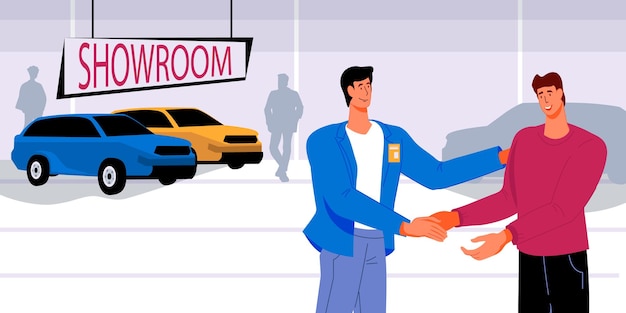 Vendedor de automóveis e comprador ao concluir um acordo em uma concessionária de automóveis Acordo de venda de automóveis com um revendedor de automóveis aperta a mão do novo proprietário na ilustração vetorial plana de showroom