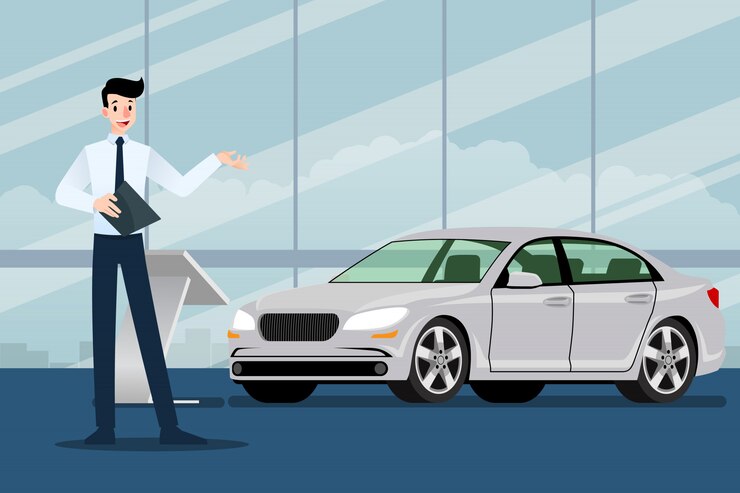 Vendedor de empresário está presente seu carro de luxo.