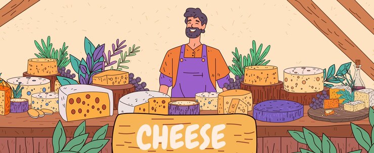 Vetor vendedor de queijo no mercado sorrindo em uma barraca com vários queijos uvas e ervas ambiente rústico colorido