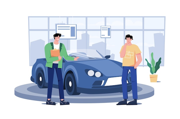Vendedor mostrando o veículo para um cliente em potencial na concessionária