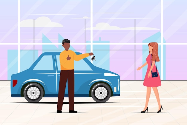 Vendedor negro dando a chave do carro para uma mulher Compra de carro cena interna com pessoas