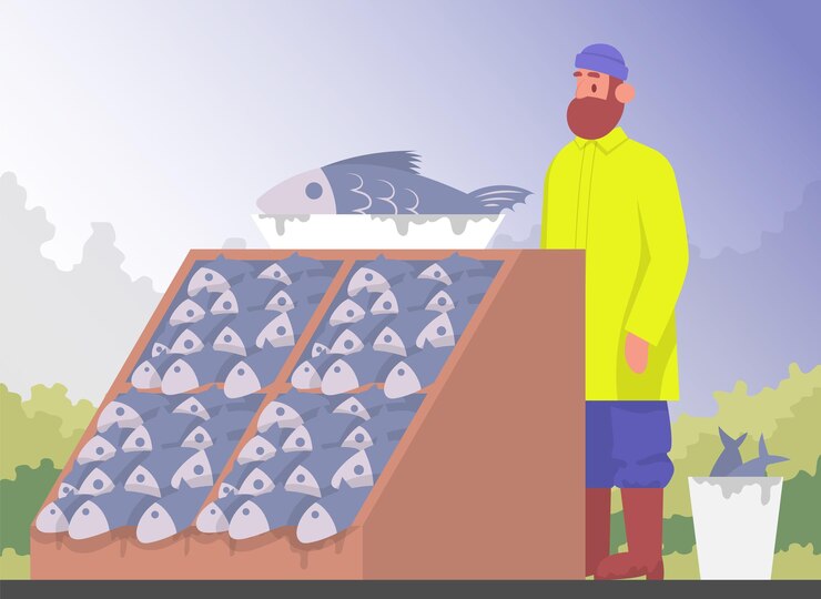 Vetor vendedor pescador em uma peixaria. ilustração dos desenhos animados do vetor de cor.