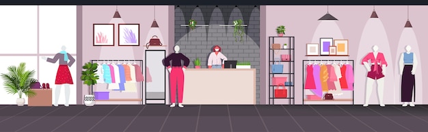 vendedora com máscara em pé no caixa coronavirus quarentena conceito moderno loja de moda ilustração vetorial horizontal interior
