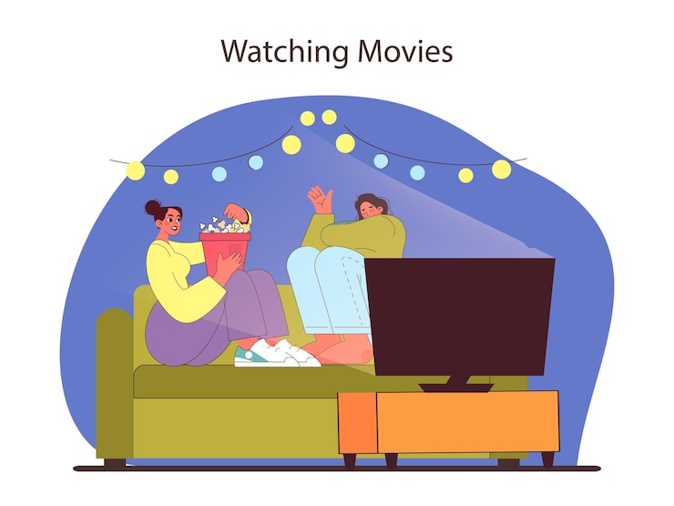 Vetor vendo filmes amigos conceito compartilhando uma noite de filme aconchegante em casa com pipocas relaxado e alegre