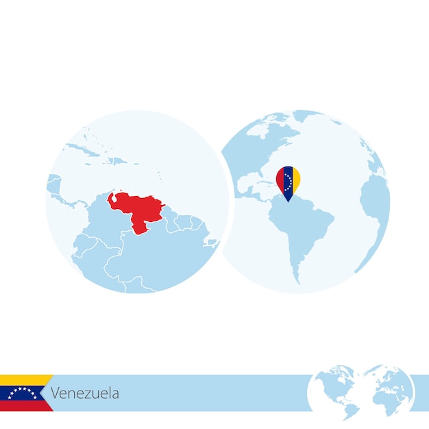 Venezuela no globo mundial com bandeira e mapa regional da Venezuela. Ilustração vetorial.