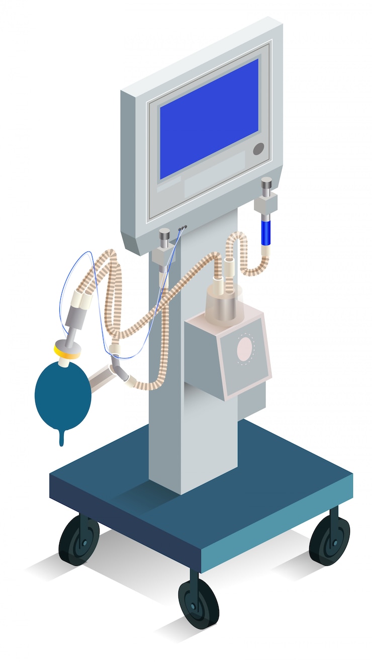 Vetor ventilador moderno, respirando equipamentos hospitalares de produtos médicos, isométricos