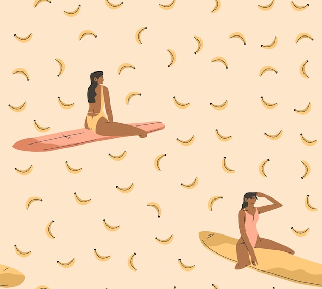 Verão abstrato minimalista com ilustrações contemporâneas sem costura padrão com garota surfando