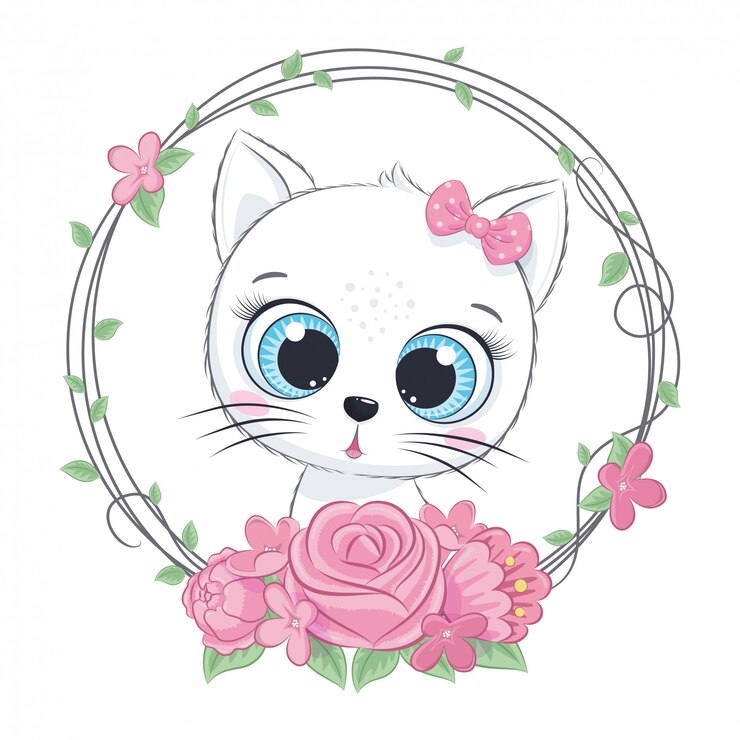 Vetor verão bonito bebê gato com coroa de flores. ilustração vetorial para chá de bebê, cartão, convite para festa, impressão de t-shirt de roupas de moda.