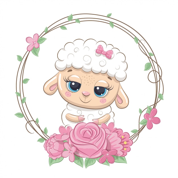 Verão bonito bebê ovelha com coroa de flores.