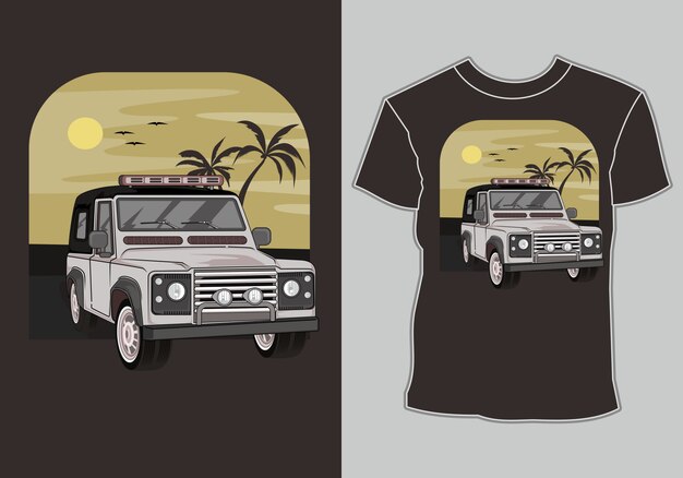 Verão camiseta clássico, vintage, retrô carro na praia