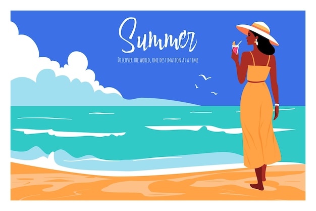 Vetor verão e viagem conceito de design jovem mulher com coquetel olhando para a praia tropical com palmeira