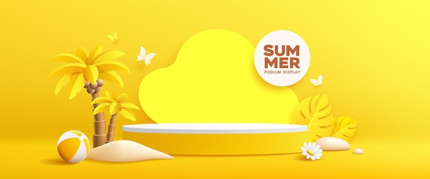 Verão pódio amarelo coco ameixa árvore praia bola pilha de areia design de bandeira de folha tropical