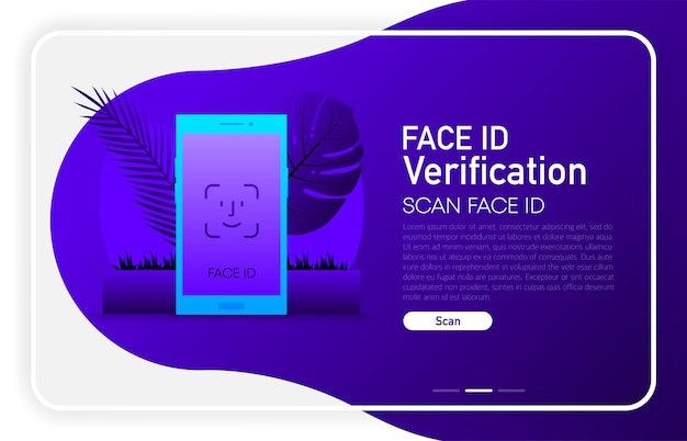 Verificação de identificação facial no navegador da janela de conceito do telefone em fundo gradiente escuro. ilustração vetorial.