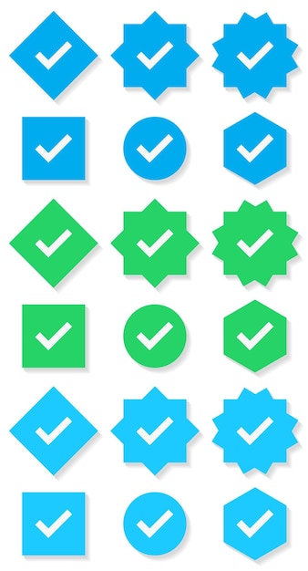 Verificação de perfil. selo verificado. conjunto de ícones verificados com estilo de crachá verificado nas mídias sociais.