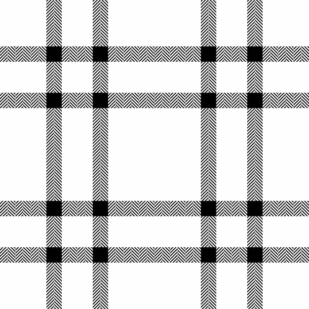 Verifique o padrão vetorial de xadrez têxtil sem costura com uma textura de tecido tartan de fundo em cores brancas e pretas