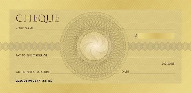 Vetor verifique ou modelo de talão de cheques. verificação de banco do negócio do ouro em branco com rosette do guilloche e watermark abstrato.