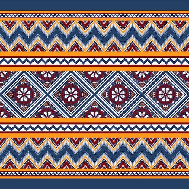 Vermelho, amarelo, branco sobre azul marinho. design tradicional de padrão oriental étnico geométrico para plano de fundo, tapete, papel de parede, roupas, embrulho, batik, tecido, estilo de bordado de ilustração vetorial.