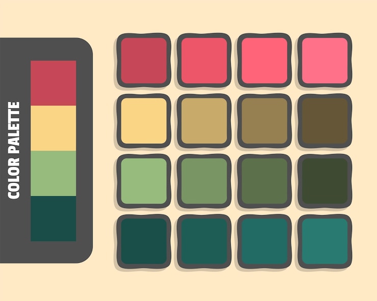 Vetor vermelho-caqui indiano escuro, verde-marino escuro, paleta de cores cinza-amarelo, cores que combinam com as cores rgb harmoniosas