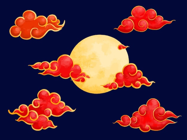 Vermelho céu dourado lua ano novo chinês decoração vetor desenho pintura conjunto de design