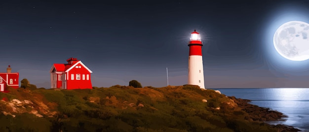 Vetor vermelho com farol branco na costa marítima à noite na paisagem de verão vê um farol oceânico em um