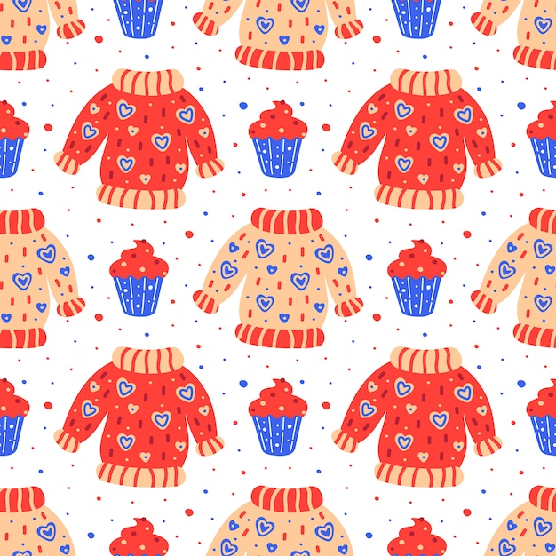 Vermelho e azul padrão sem emenda. impressão de blusas planas mão desenhada com muffins. tecido, plano de fundo.