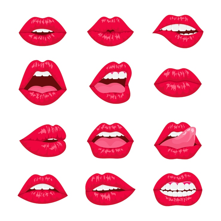 Vetor vermelho e rosa beijando e sorrindo ícones decorativos dos lábios dos desenhos animados. lábios de mulher sexy com emoções diferentes.