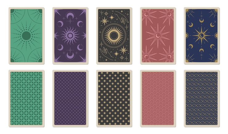 Vetor verso das cartas de tarô. modelo de vetor para baralho com sol, lua, estrelas, mãos, ornamento e padrões. elementos de design mágicos e místicos. cartões para astrologia e esotérico.