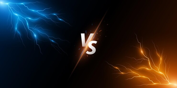 Vetor versus fundo com efeito de tempestade vs tela para jogos de esporte combinar torneio de artes marciais banner de esporte relâmpago azul e laranja com flashes de luz vetor