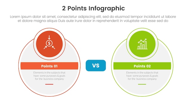 Versus ou comparar e conceito de comparação para infografia modelo banner com círculo grande e círculo pequeno crachá com dois pontos lista de informações vetor