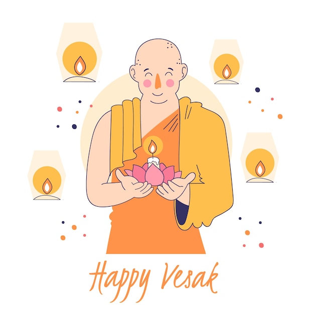 Vesak feliz com monge segurando vela