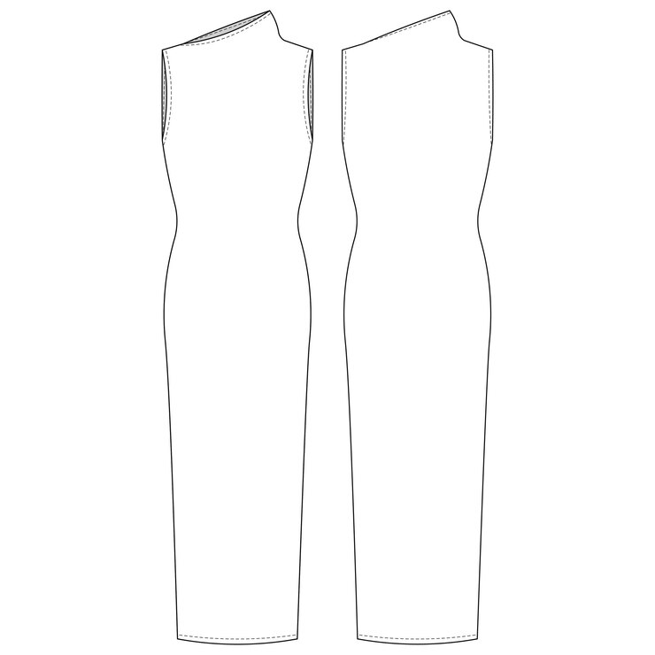 Vetor vestido assimétrico de pescoço alto sem mangas com bodycon reta em linha h maxi longo midi modelo de vestido elástico techn