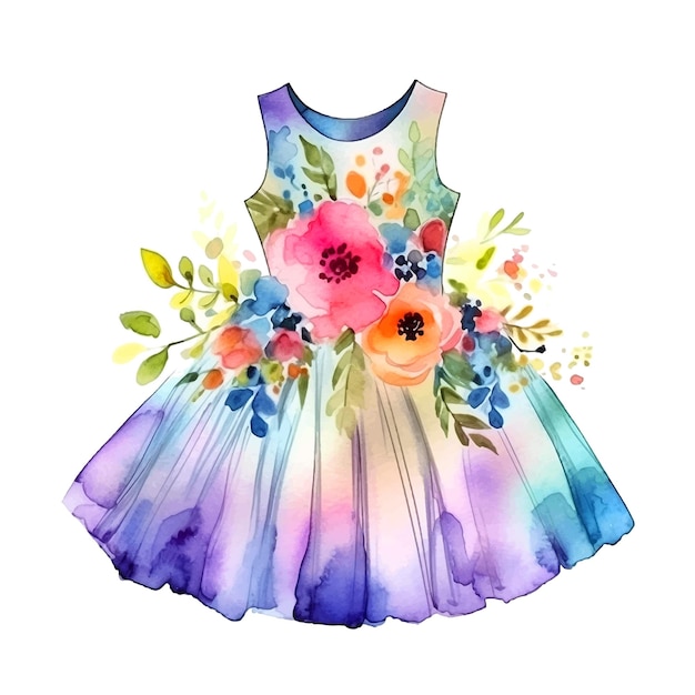 Vestido de menina bonitinha com ilustração de pintura em aquarela de flores