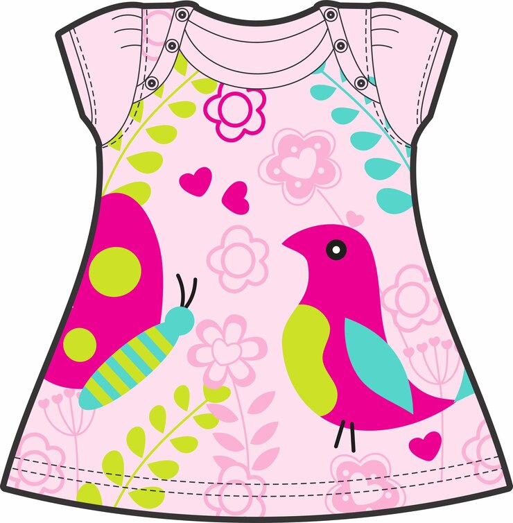 Vetor vestuário de bebê rosa com pássaro borboleta e desenho floral