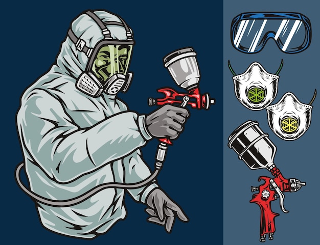 Vestuário de protecção e pistola de pulverização do pintor de automóveis