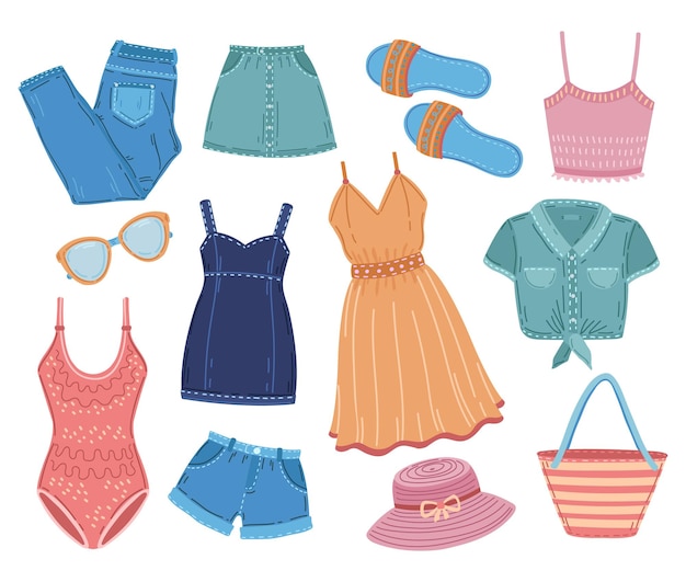 Vetor vestuário de verão. roupas da moda, camisa jeans curta roupa de mulher. pacote de roupas, conjunto de vetores de acessórios de maiô feminino da temporada da moda. ilustração de roupas femininas de verão, roupas casuais e chinelos