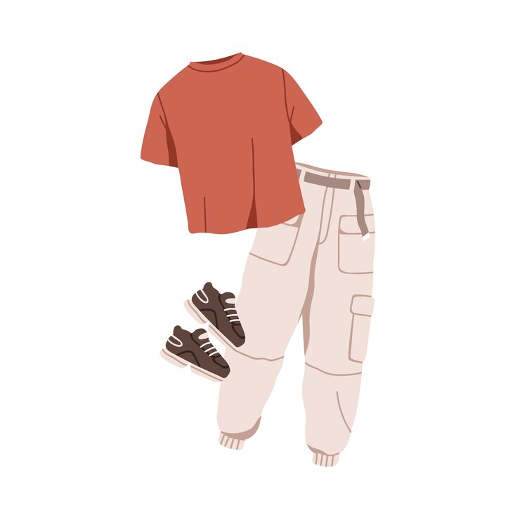 Vestuário em estilo esportivo moderno Composição de roupas T-shirt calças e tênis Vestuário elegante full look com t-shirt calça e tênis Ilustração vetorial plana isolada em fundo branco