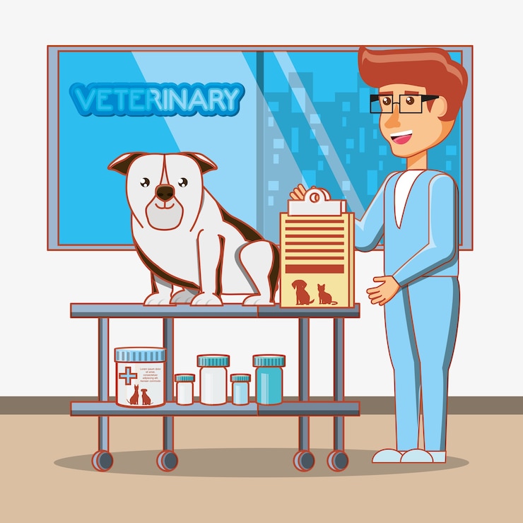 Vetor veterinário com cachorro no centro médico