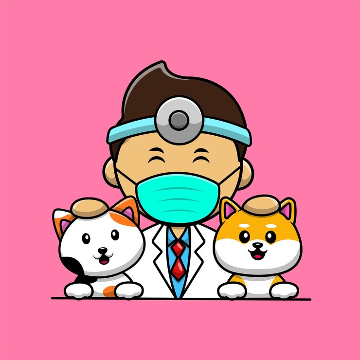 Veterinário com ilustração de ícone de desenho vetorial de gato e cachorro