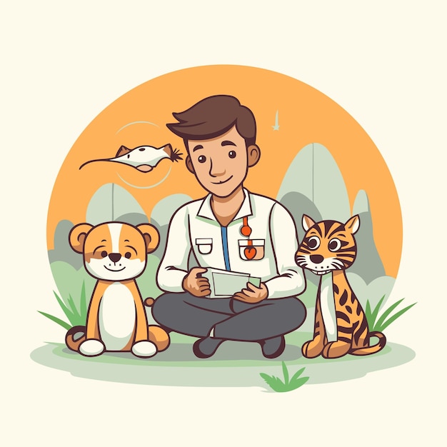 Vetor veterinário com um cão e um gato ilustração vetorial em estilo de desenho animado