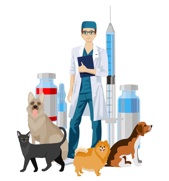 Vetor veterinário de animais de estimação. médico veterinário verificando e tratando animais. idéia de cuidados com animais de estimação. tratamento médico animal e vacinação. ilustração em vetor de veterinário homem com animais de estimação fofos, cães, gato.